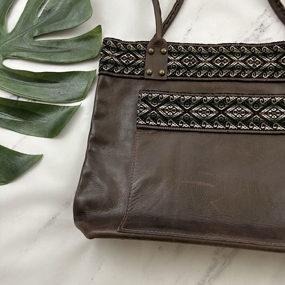 Unbranded Leather Tote Shoulder Bag Purse Dark Brown Woven Boho Trim Large - Picture 5 of 12